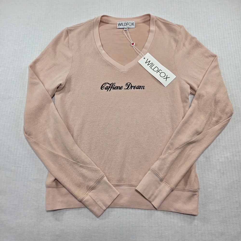 WILDFOX Blush Pink Caffiene Dream V-Neck Sweater Size XS Coquette Oversized